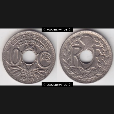 Münzen Frankreich Eurovorläufer, Umlaufmünze vor Euroeinführung 1917-1938, 10 Centimes, Cent 1933. Vorderseite und Rückseite Nebeneinander einer Münze... Sammlung