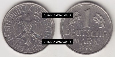 Münzen Deutschland 1990-2001, 1 Deutsche Mark 1990 A. Vorderseite und Rückseite der Münze aus Deutschland Sammlung