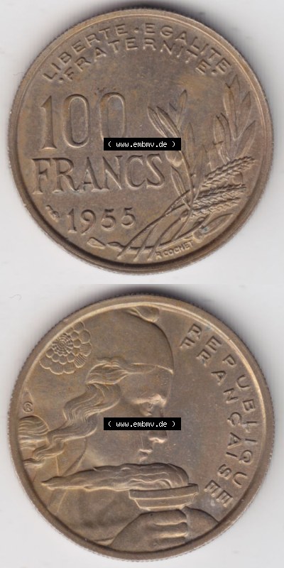 Münzen Frankreich Eurovorläufer, Umlaufmünze vor Euroeinführung 1954-1958, 100 Francs, Franken Typ II 1955. Vorderseite und... Sammlung