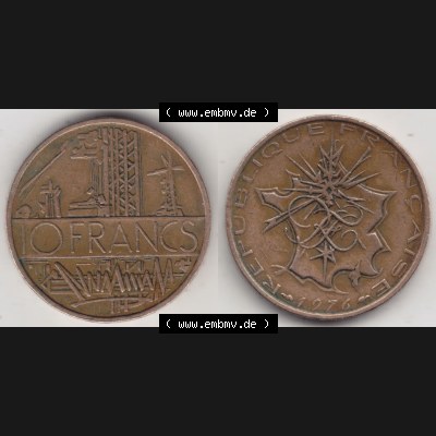Münzen Frankreich Eurovorläufer, Umlaufmünze vor Euroeinführung 1974-1987, 10 Franken-Francs 1976. Vorderseite und Rückseite Nebeneinander einer Münze aus... Sammlung