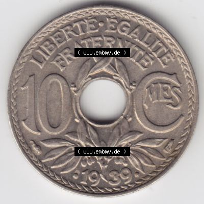 Münzen Frankreich Eurovorläufer, Umlaufmünze vor Euroeinführung 1938-1939, 10 Centimes, Cent 1939. Vorderseite einer Münze aus Europa als Digitales Bild... Sammlung