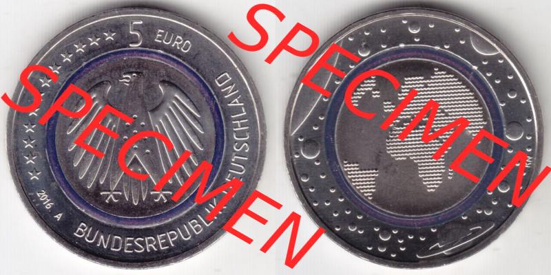Münzen Deutschland 5 Euro-Sondermünzen 2016, A, Planet Erde. Vorderseite und Rückseite Untereinander als digitalisiertes Bild für Mobil-Geräte, der 5 Euro... Sammlung