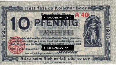 Notgeldscheine aus Köln 1920, A 40, 10 Pfennig (1) Sammlung