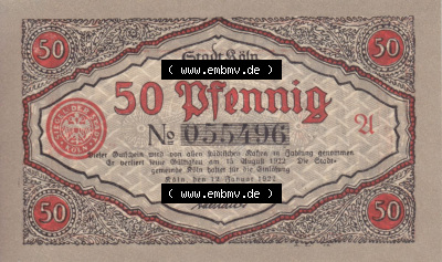 Notgeldscheine aus Köln mit Soldaten-Serie 1922 A III, 50 Pfennig 4 (2) Sammlung