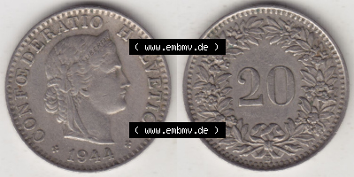 Münzen Schweiz Eurovorläufer, Umlaufmünze 1939-Heute, 20 Rappen B 1944 III. (3) Sammlung