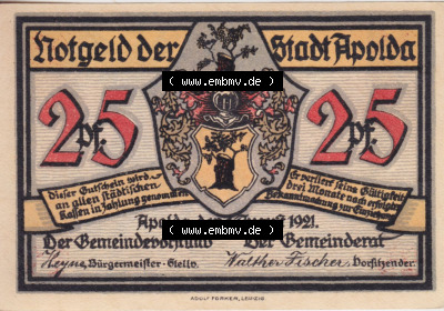 Notgeldscheine aus Apolda 1921, 25 Pfennig, Schattenbilder D (1) Sammlung