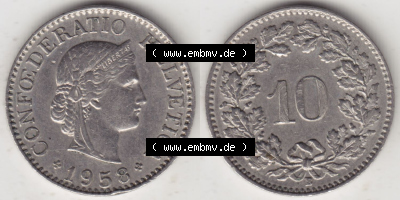 Münzen Schweiz Eurovorläufer, Umlaufmünze 1940-2018, 10 Rappen B 1958 (3) Sammlung