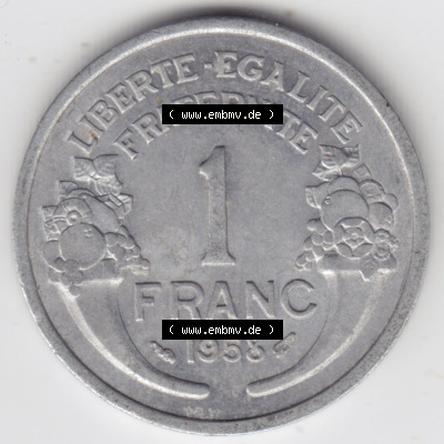 Münzen Frankreich Eurovorläufer, Umlaufmünze vor Euroeinführung 1941-1959, 1 Francs, Franken 1958. Vorderseite einer Münze... Sammlung
