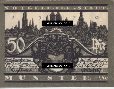 Notgeldscheine aus Münster 1921, 50 Pfennig Münster Westfalen Rathaus (1) Sammlung