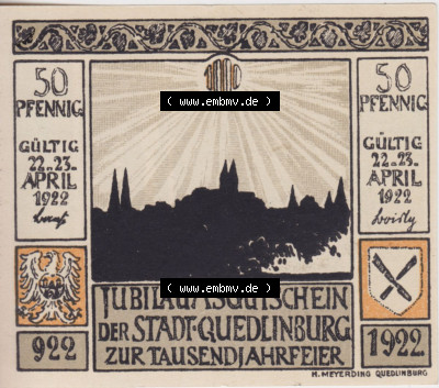 Notgeldscheine aus Quedlinburg 1922, 50 Pfennig König Heinrichs Grab (2) Sammlung