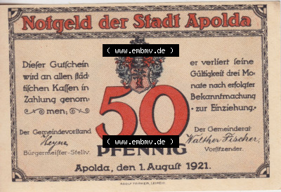 Notgeldscheine aus Apolda 1921, Stadtansichten 50 Pfennig B (1) Sammlung