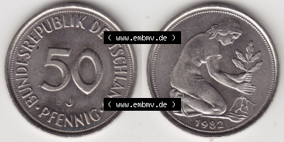 Münzen Deutschland 50 Pfennig der Deutschen Mark 1950-2001, 50 Pfennig 1982 J (3) Sammlung
