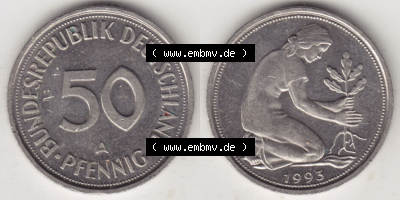 Münzen Deutschland 50 Pfennig der Deutschen Mark 1990-2001, 50 Pfennig 1993 A (3) Sammlung