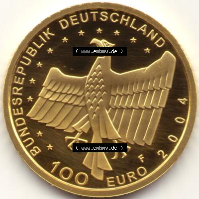 Münzen Deutschland 100 Euro Goldmünzen 2004. Rückseite einer Münze aus dem Deutschen Kaiserreich in Europa als Digitales Bild / Bildmaterial zum Herunterladen. Die... Sammlung
