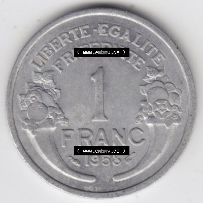 Münzen Frankreich Eurovorläufer, Umlaufmünze vor Euroeinführung 1941-1959, 1 Francs, Franken 1958. Vorderseite einer Münze aus Europa als Digitales Bild... Sammlung