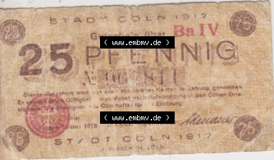 Notgeldscheine aus Köln 1917-1917, Ba IV 25 Pfennnig (1) Sammlung