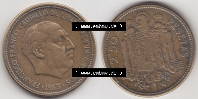 Münzen Spanien Eurovorläufer, Umlaufmünze vor Euroeinführung 1953-1953, 2,50 Peseten 1953 (3) Sammlung