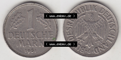 Münzen Deutschland 1950-2001, 1 Deutsche Mark 1961 G. Vorderseite und Rückseite auf einen digitalen Bild / Foto der Münze aus... Sammlung