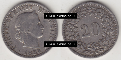 Münzen Schweiz Eurovorläufer, Umlaufmünze 1881-1938, 20 Rappen B 1884 (3) Sammlung