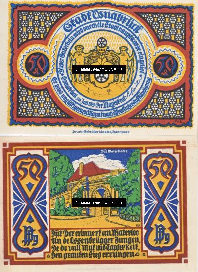 Notgeldscheine aus Osnabrück 1921, 75 Pfennig Waterlootor (3) Sammlung