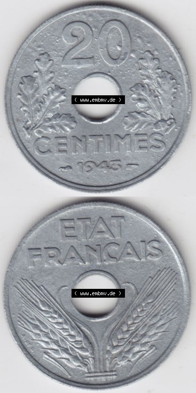 Münzen Frankreich Eurovorläufer, Umlaufmünze vor Euroeinführung 1941-1944, 20 Centimes, Cent 1943. Vorderseite und Rückseite... Sammlung