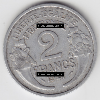 Münzen Frankreich Eurovorläufer, Umlaufmünze vor Euroeinführung 1941-1959, 2 Francs, Franken 1947. Vorderseite einer Münze... Sammlung