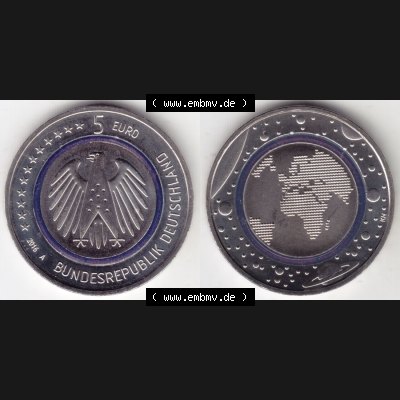 Münzen Deutschland 5 Euro-Sondermünzen 2016, A, Planet Erde. Vorderseite und Rückseite Untereinander als digitalisiertes Bild für Mobil-Geräte, der 5 Euro... Sammlung