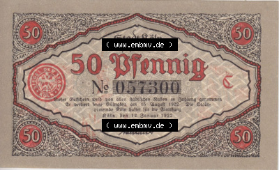 Notgeldscheine aus Köln mit Soldaten-Serie 1922 C I, 50 Pfennig 4 (2) Sammlung