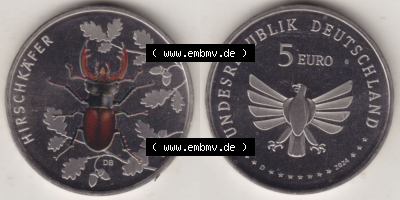 Münzen Deutschland 5 Euro-Sondermünzen 2024, D 5 Euro Hirschkäfer. Vorderseite und Rückseite Nebeneinander eines Insekten-Motives... Sammlung