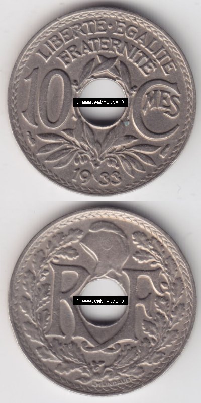 Münzen Frankreich Eurovorläufer, Umlaufmünze vor Euroeinführung 1917-1938, 10 Centimes, Cent 1933. Vorderseite und Rückseite... Sammlung