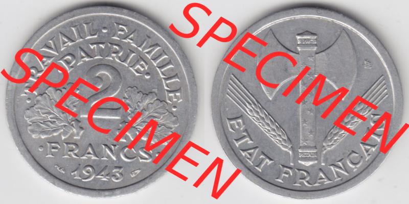 Münzen Frankreich Eurovorläufer, Umlaufmünze vor Euroeinführung 1943-1944, 2 Francs, Franken 1943. Vorderseite und Rückseite Nebeneinander einer Münze... Sammlung