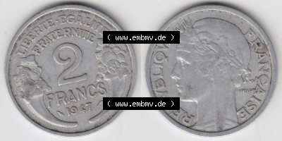 Münzen Frankreich Eurovorläufer, Umlaufmünze vor Euroeinführung 1941-1959, 2 Francs, Franken 1947. Vorderseite und Rückseite... Sammlung