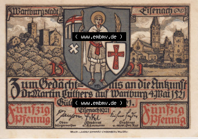 Notgeldscheine aus Eisenach 1921, 50 Pfennig Lutherfeier zu Eisenacj (2) Sammlung