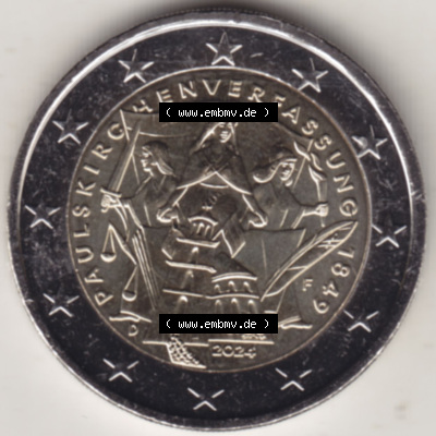 Münzen Euromünzen 2024, Deutschland 2 Euro Gedenkmünze 2024, F 175. Jubiläum Paulskirchenverfassung. 2 Euro Gedenkmünze,... Sammlung