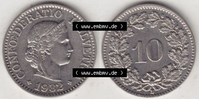 Münzen Schweiz Eurovorläufer, Umlaufmünze 1932-1939, 10 Rappen B 1932 III. (3) Sammlung
