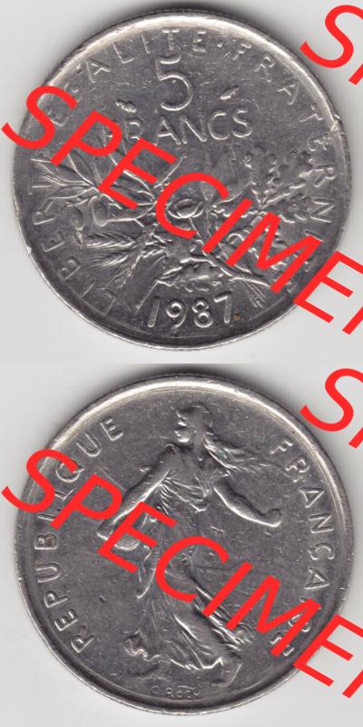 Münzen Frankreich Eurovorläufer, Umlaufmünze vor Euroeinführung 1970-2001, 5 Francs Liberte Egalite Fraternite. Vorderseite und Rückseite Vertikal Untereinander,... Sammlung