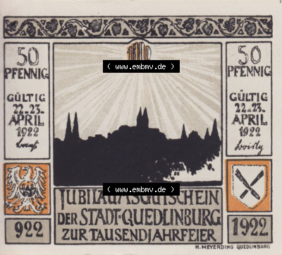 Notgeldscheine aus Quedlinburg 1922, 50 Pfennig Rathaus (2) Sammlung