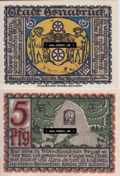 Notgeldscheine aus Osnabrück 1921, 5 Pfennig Lury Denkmal (3) Sammlung