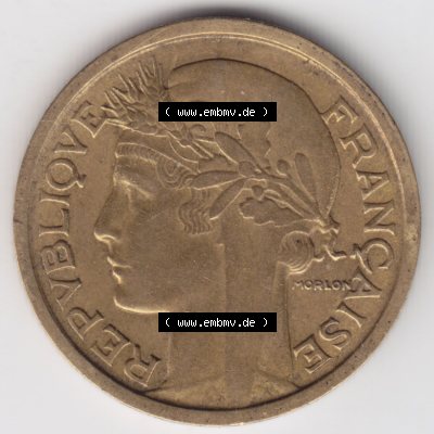 Münzen Frankreich Eurovorläufer, Umlaufmünze vor Euroeinführung 1931-1941, 1 Francs, Franken 1938. Rückseite einer Münze aus Europa als Digitales... Sammlung