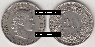 Münzen Schweiz Eurovorläufer, Umlaufmünze 1881-1938, 20 Rappen B 1933 II. (3) Sammlung
