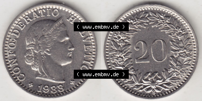 Münzen Schweiz Eurovorläufer, Umlaufmünze 1881-1938, 20 Rappen B 1933 (3) Sammlung