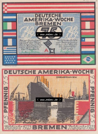 Notgeldscheine aus Bremen 1923 75 Pfennig A (3) Sammlung