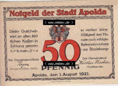 Notgeldscheine aus Apolda 1921, Stadtansichten 50 Pfennig A (1) Sammlung