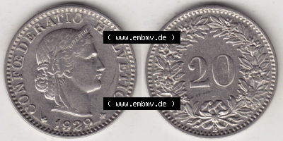 Münzen Schweiz Eurovorläufer, Umlaufmünze 1881-1938, 20 Rappen B 1929 (3) Sammlung