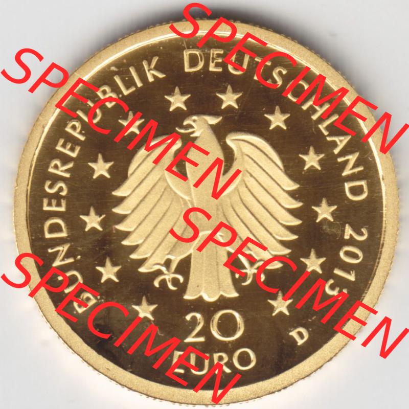 Münzen Deutschland 20 Euro Goldmünzen Deutscher Wald, 1/8 Unze Gold 2013. Vorderseite einer Münze aus dem deutschen Kaiserreich in Europa als Digitales Bild / Bildmaterial... Sammlung