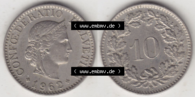 Münzen Schweiz Eurovorläufer, Umlaufmünze 1940-2018, 10 Rappen B 1962 II. (3) Sammlung