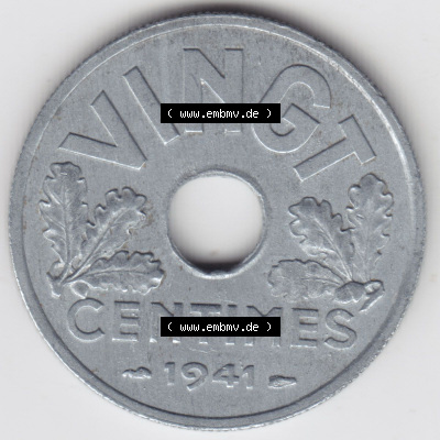 Münzen Frankreich Eurovorläufer, Umlaufmünze vor Euroeinführung 1941-1941, VINGT 20 Centimes, Cent. Vorderseite einer Münze... Sammlung