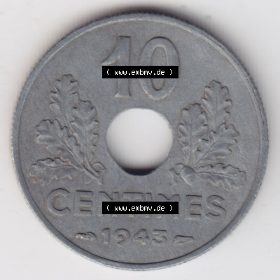 Münzen Frankreich Eurovorläufer, Umlaufmünze vor Euroeinführung 1941-1943, 10 Centimes, Etat Francais 1943. Vorderseite einer... Sammlung