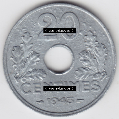 Münzen Frankreich Eurovorläufer, Umlaufmünze vor Euroeinführung 1941-1944, 20 Centimes, Cent 1943. Vorderseite einer Münze... Sammlung