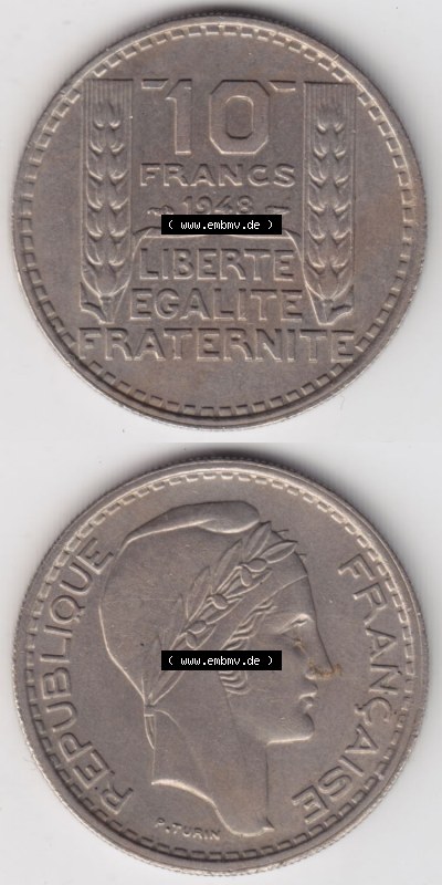 Münzen Frankreich Eurovorläufer, Umlaufmünze vor Euroeinführung 1947-1949, 10 Francs, Franken 1948. Vorderseite und Rückseite... Sammlung